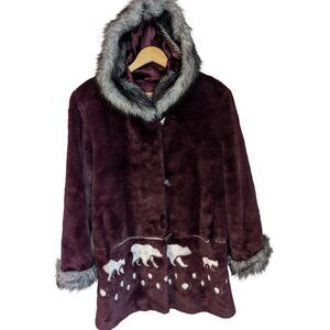 West Peak Oversized Burgundy Hooded Faux Fur Coat w/ Grey Trim Vintage Artic M